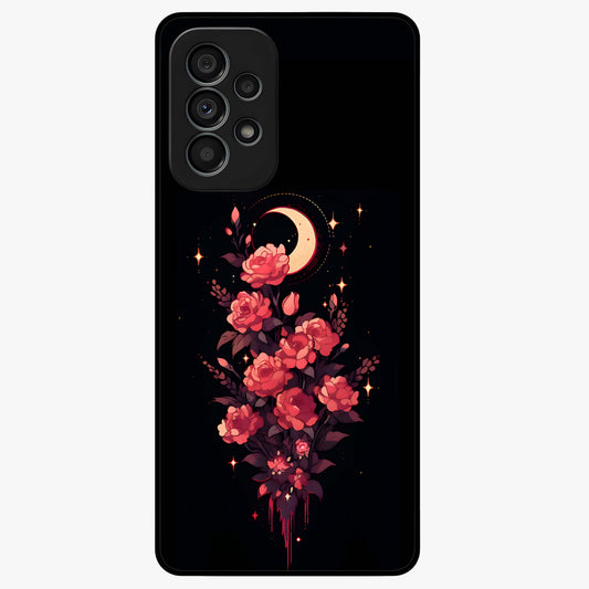 Moonlit Floral Elegance Glass Case showing flat back view with elegant floral artwork under moonlit tones and glossy glass finish.