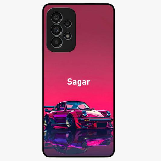 Neon Pink Porsche Glass Case showing flat back view with stylish sports car artwork and glossy glass finish.