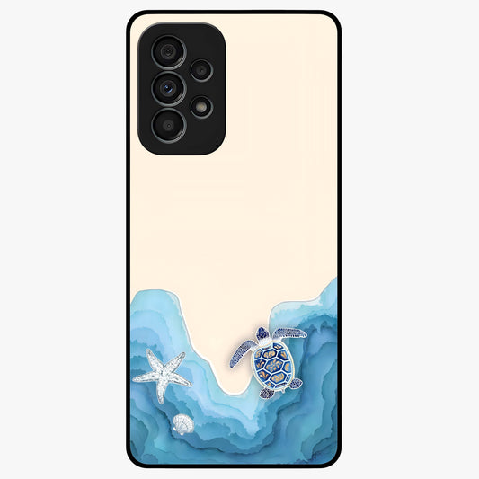 Ocean Drift Turtle Glass Case showing flat back view with sea turtle artwork and glossy glass finish.