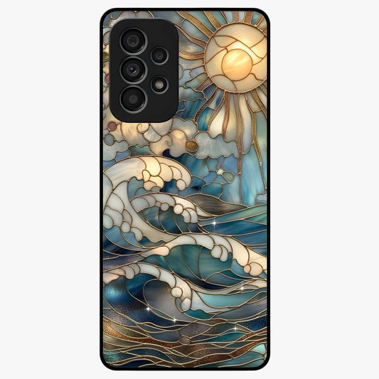 Oceanic Stained Printed Glass Case showing flat back view with ocean inspired stained pattern artwork and glossy glass finish.