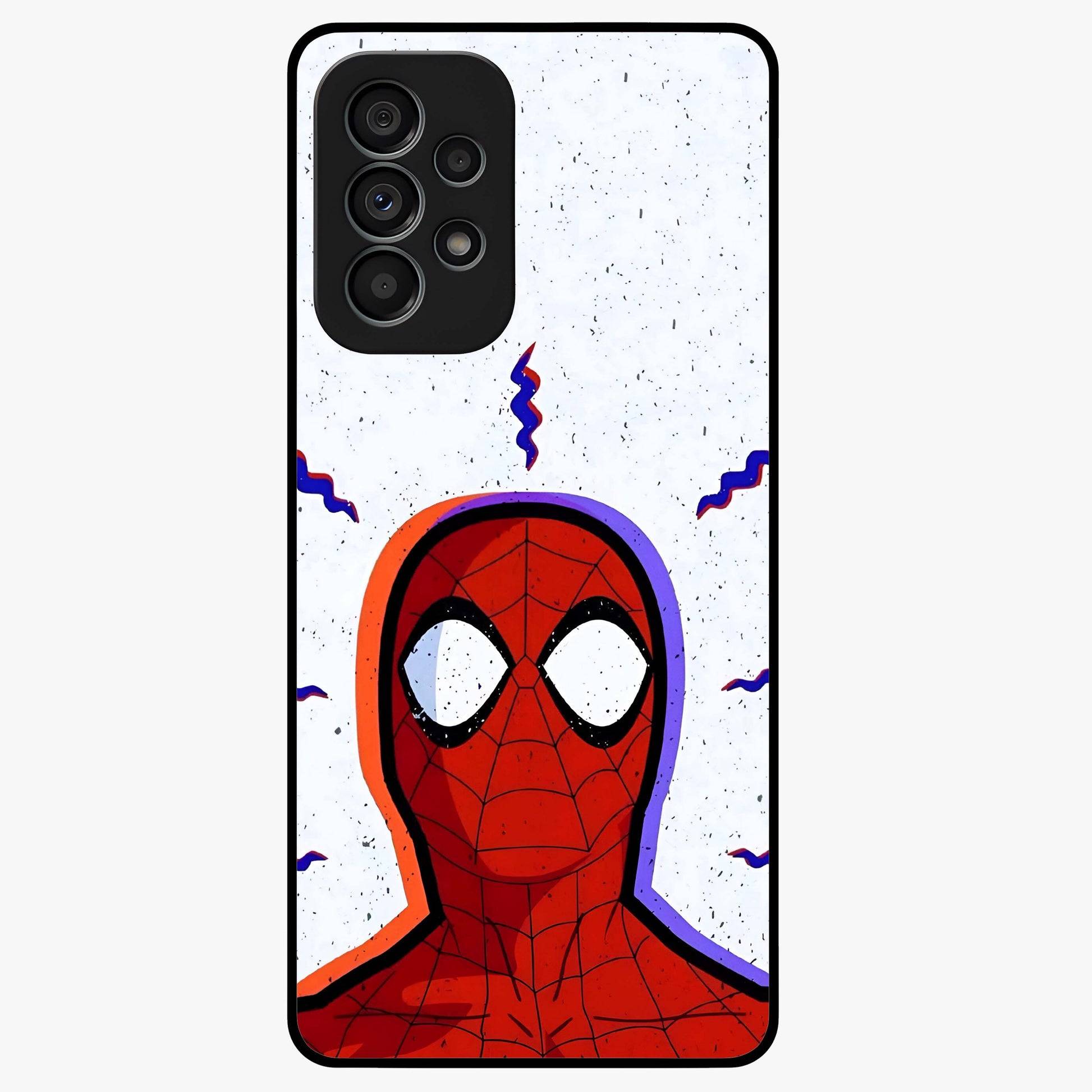 Omg Spiderman Glass Case showing flat back view with bold superhero inspired artwork and glossy glass finish.
