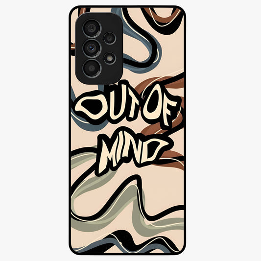 Out Of Mind Glass Case showing flat back view with expressive typography artwork and glossy glass finish.