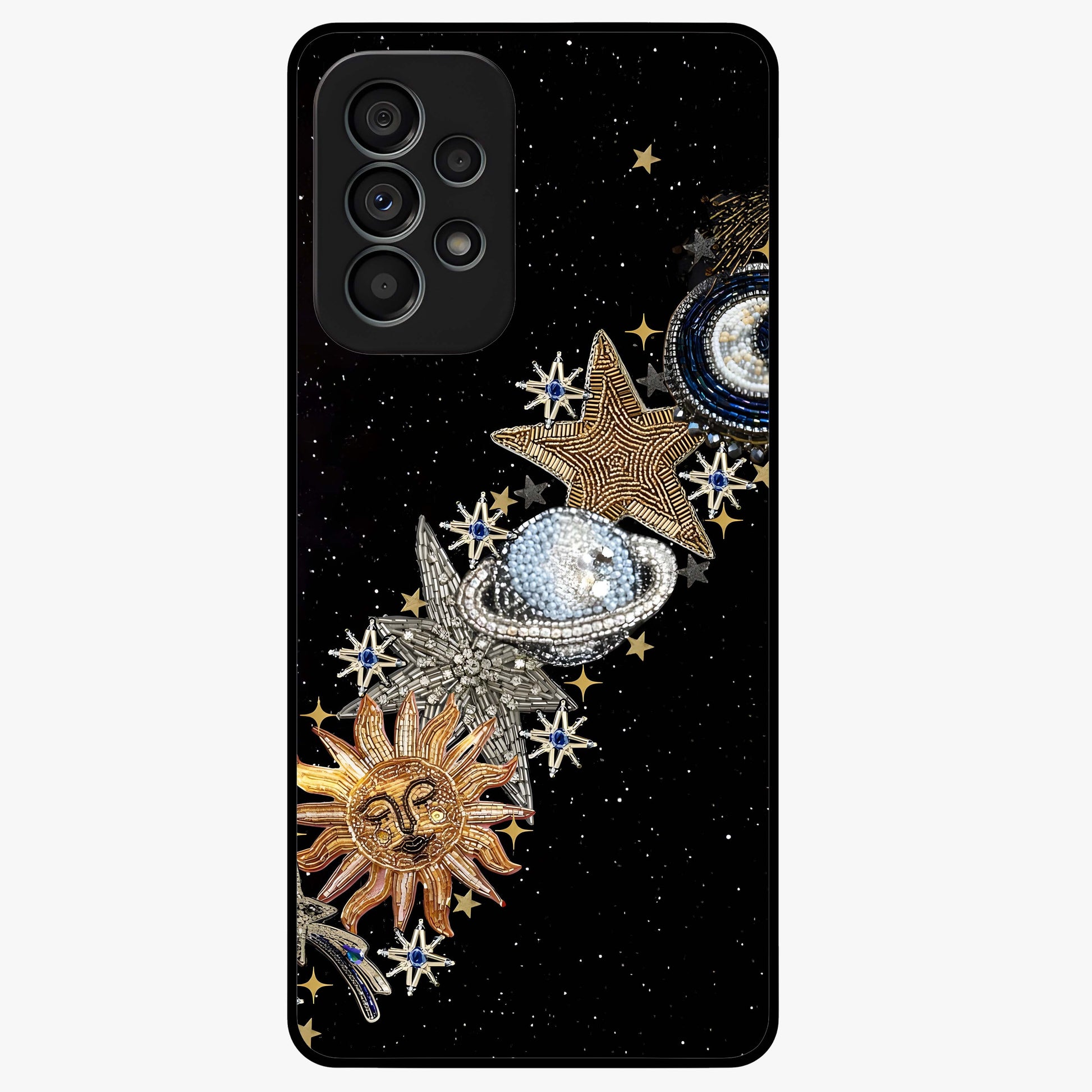 Pearls Universe Object Glass Case showing flat back view with pearl inspired cosmic artwork and glossy glass finish.