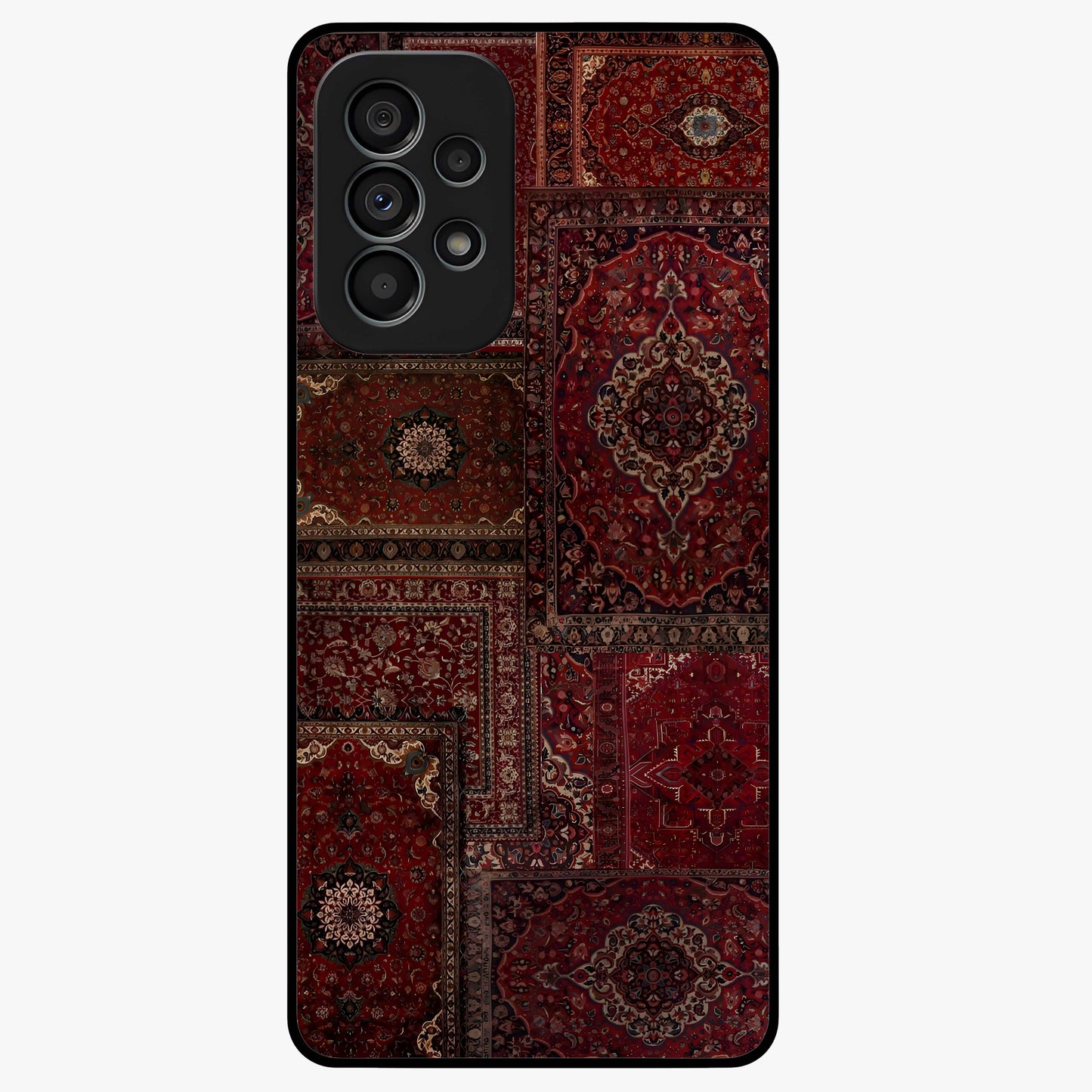 Persian Velvet Tale Glass Case showing flat back view with luxurious Persian velvet pattern artwork and glossy glass finish.