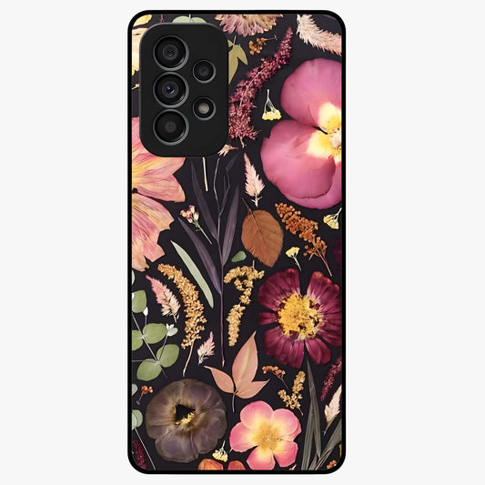Petal Dream Tapestry Glass Case showing flat back view with intricate floral tapestry artwork and glossy glass finish.