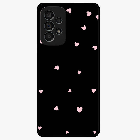 Pink Love Drops Glass Case showing flat back view with playful pink heart drops artwork and glossy glass finish.