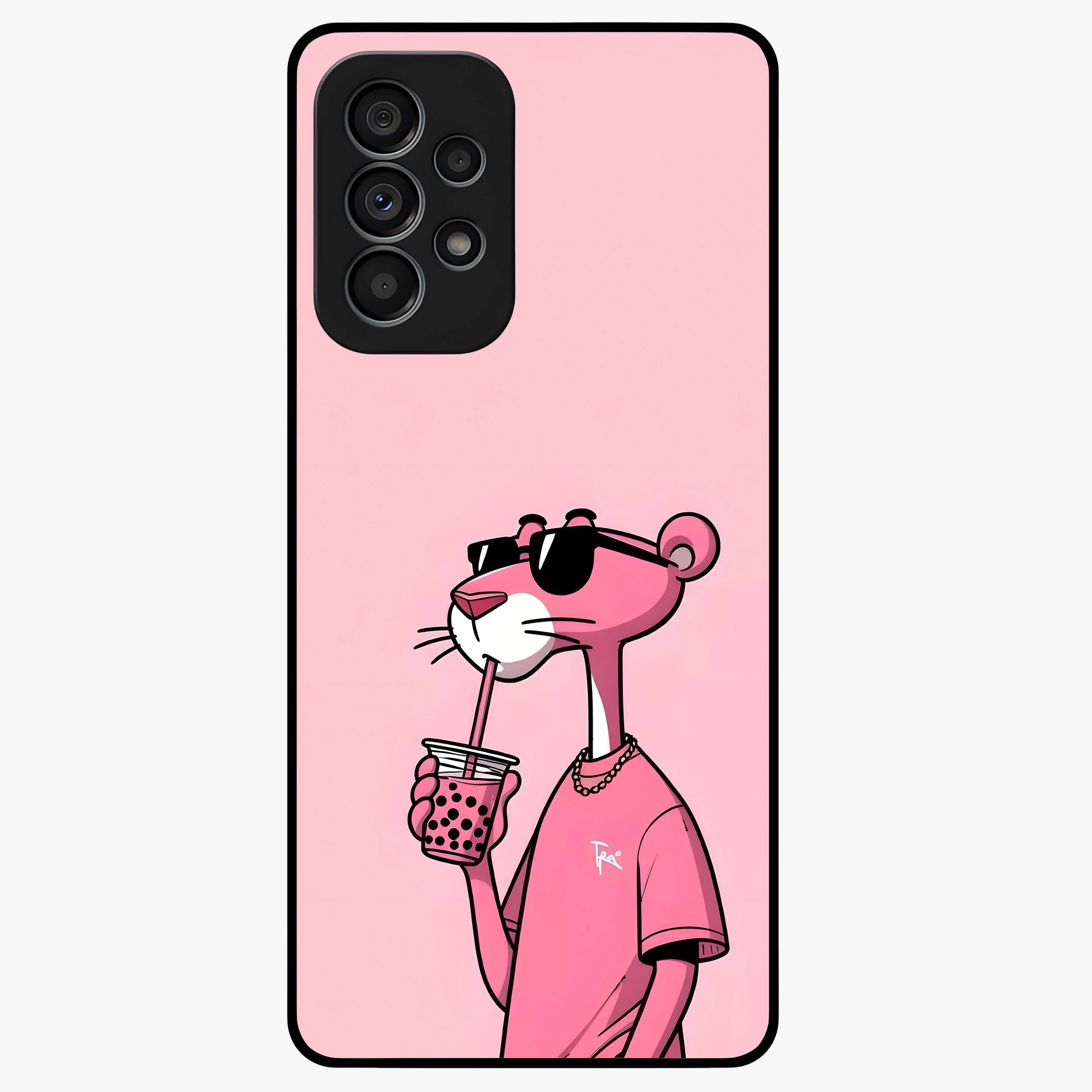 Pink Panther Glass Case showing flat back view with iconic pink panther artwork and glossy glass finish.