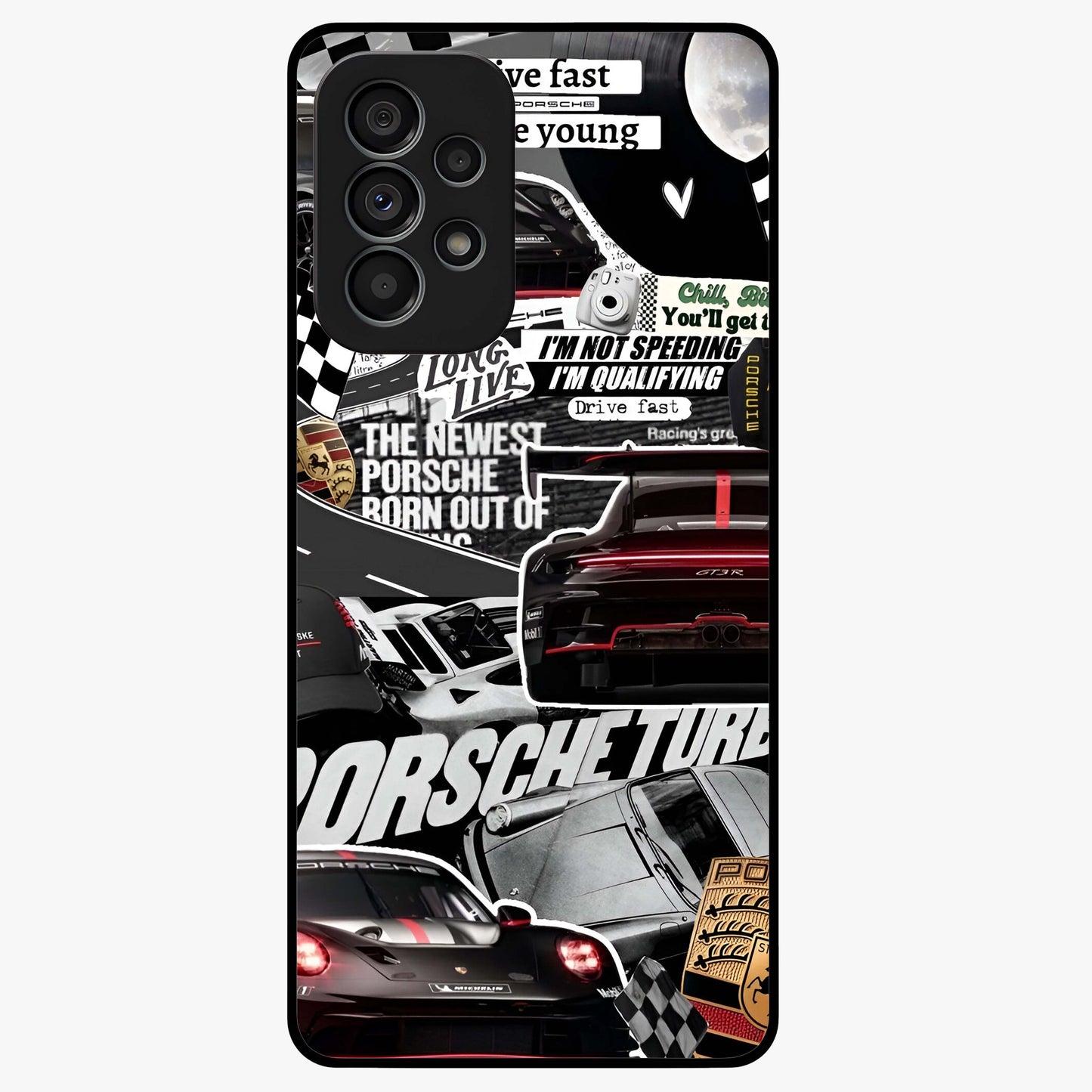 Porsche Racing Collage Glass Case showing flat back view with sports car racing collage artwork and glossy glass finish.
