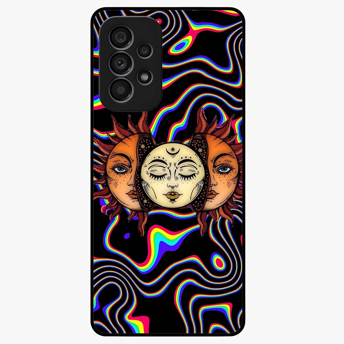 Psychedelic Sun Glass Case showing flat back view with colorful psychedelic sun artwork and glossy glass finish.