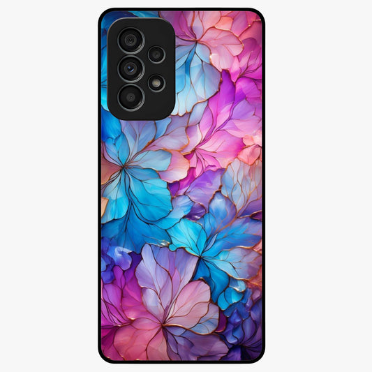Radiant Floral Whirl Glass Case showing flat back view with swirling floral artwork and glossy glass finish.