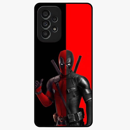 Red & Black Deadpool Theme Glass Case showing flat back view with bold comic inspired artwork and glossy glass finish.
