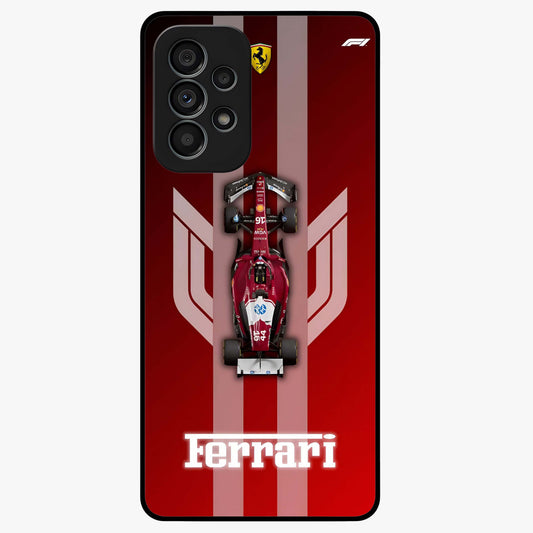 Red Ferrari F1 Vertical Glass Case showing flat back view with sleek Formula racing car artwork and glossy glass finish.