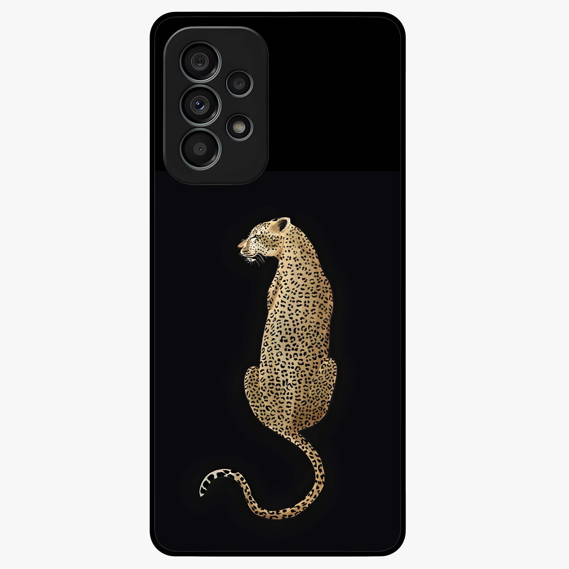 Regal Leopard Glass Case showing flat back view with bold leopard artwork and glossy glass finish.