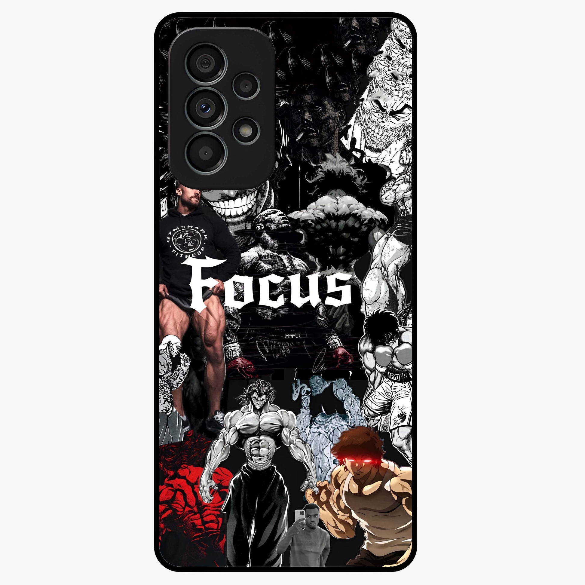 Relentless Power Focus Glass Case showing flat back view with motivational typography artwork and glossy glass finish.
