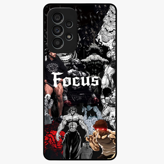 Relentless Power Focus Glass Case showing flat back view with motivational typography artwork and glossy glass finish.