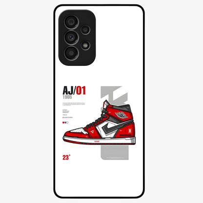 Retro Sneaker Blueprint Glass Case showing flat back view with sneaker blueprint style artwork and glossy glass finish.