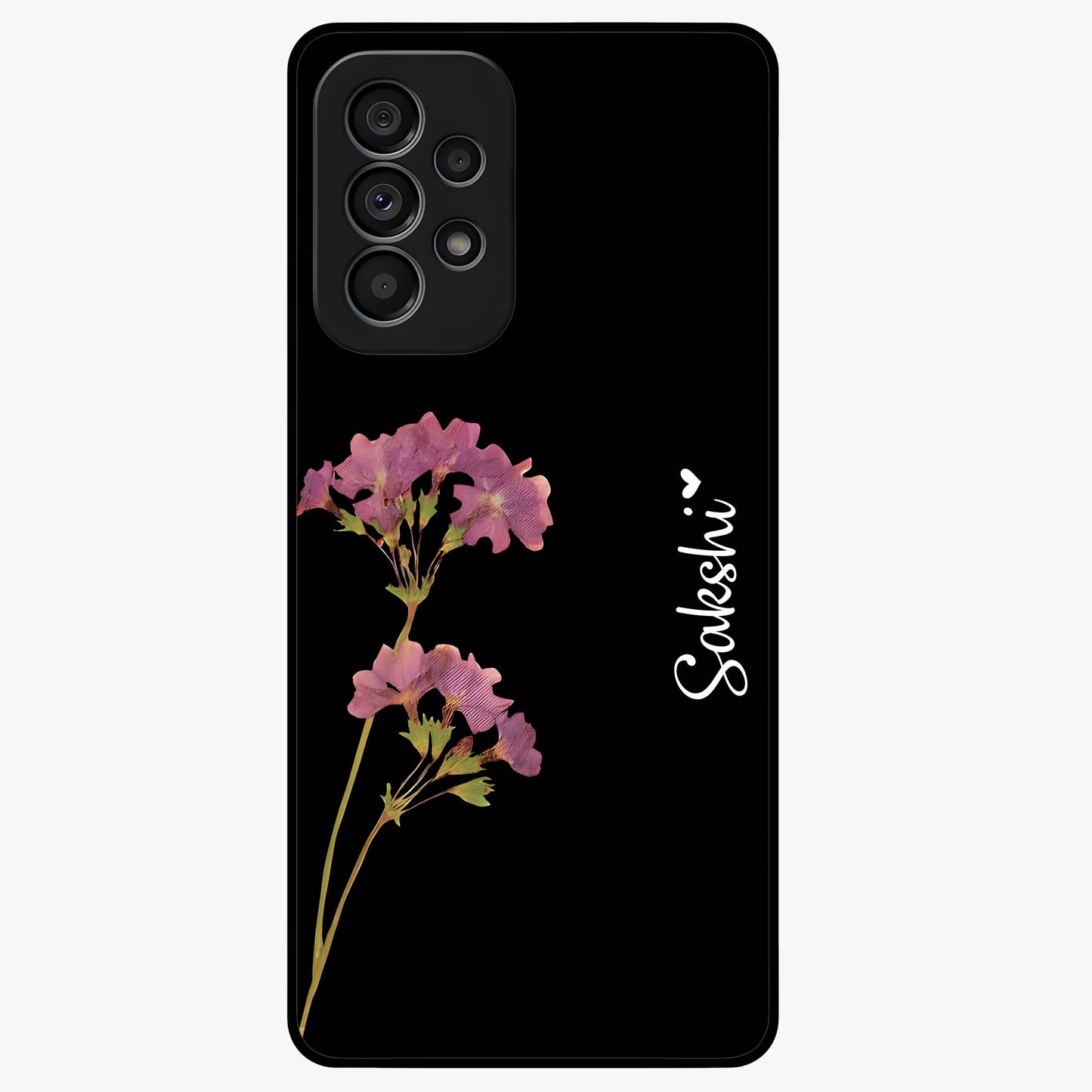 Riching Lavender Flower Custom Name Glass Case showing flat back view with lavender floral artwork and personalized name design.