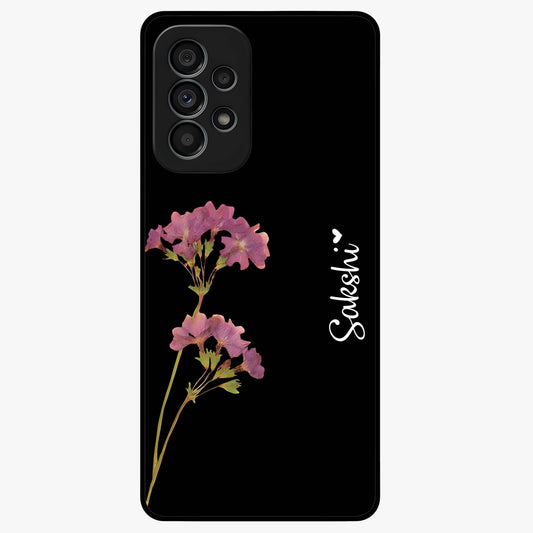 Riching Lavender Flower Custom Name Glass Case showing flat back view with lavender floral artwork and personalized name design.