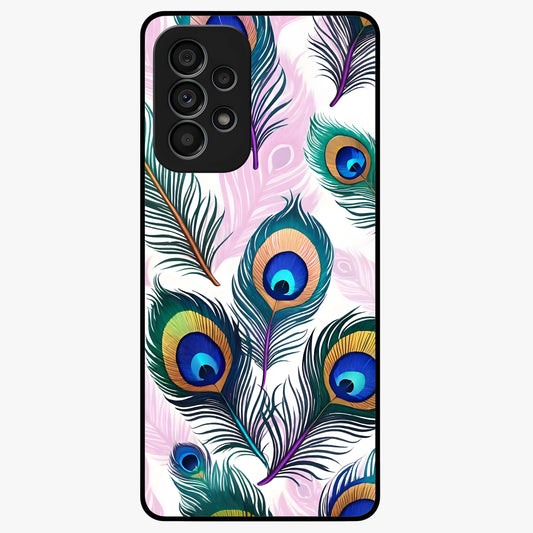 Royal Peacock Feathers Glass Case showing flat back view with colorful peacock feather artwork and glossy glass finish.