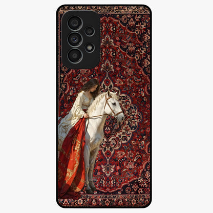 Royal Rider Tapestry Glass Case showing flat back view with majestic horse rider tapestry artwork and glossy glass finish.