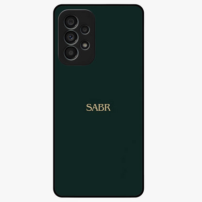 Sabr Minimal Patience Glass Case showing flat back view with minimalist typography artwork and glossy glass finish.
