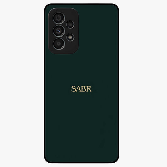 Sabr Minimal Patience Glass Case showing flat back view with minimalist typography artwork and glossy glass finish.
