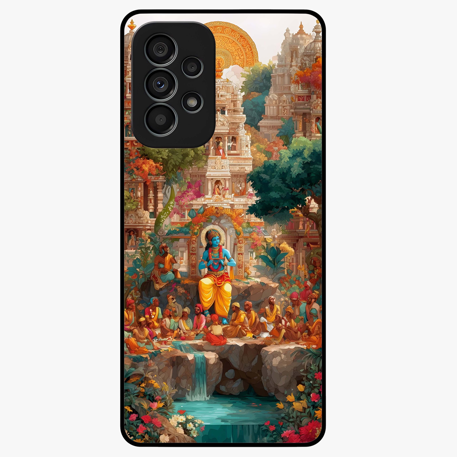 Sacred Sunlight Gods Glass Case showing flat back view with divine sunlight themed artwork and glossy glass finish.