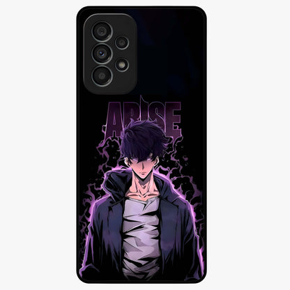 Shadow Monarch Awakening Glass Case showing flat back view with powerful dark monarch themed artwork and glossy glass finish.