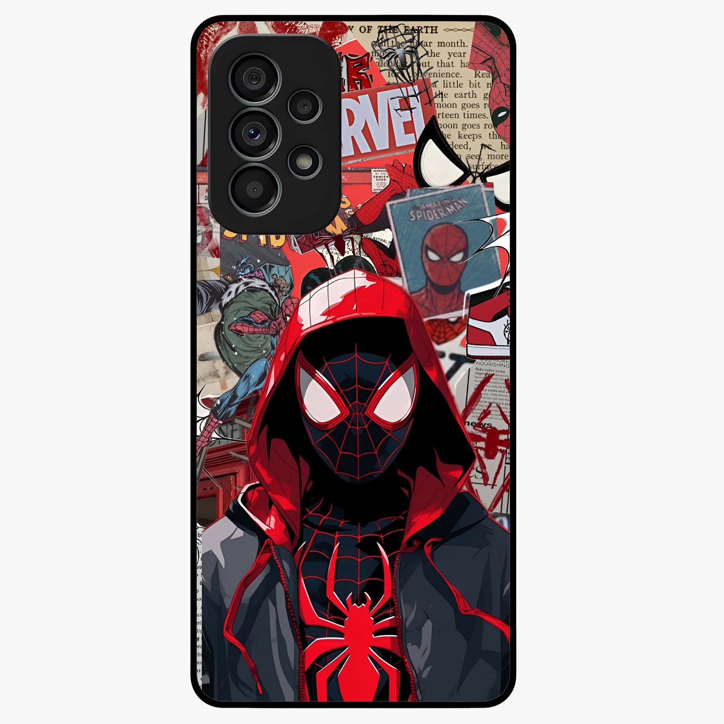 Spider Collage Street Glass Case showing flat back view with vibrant superhero collage artwork and glossy glass finish.