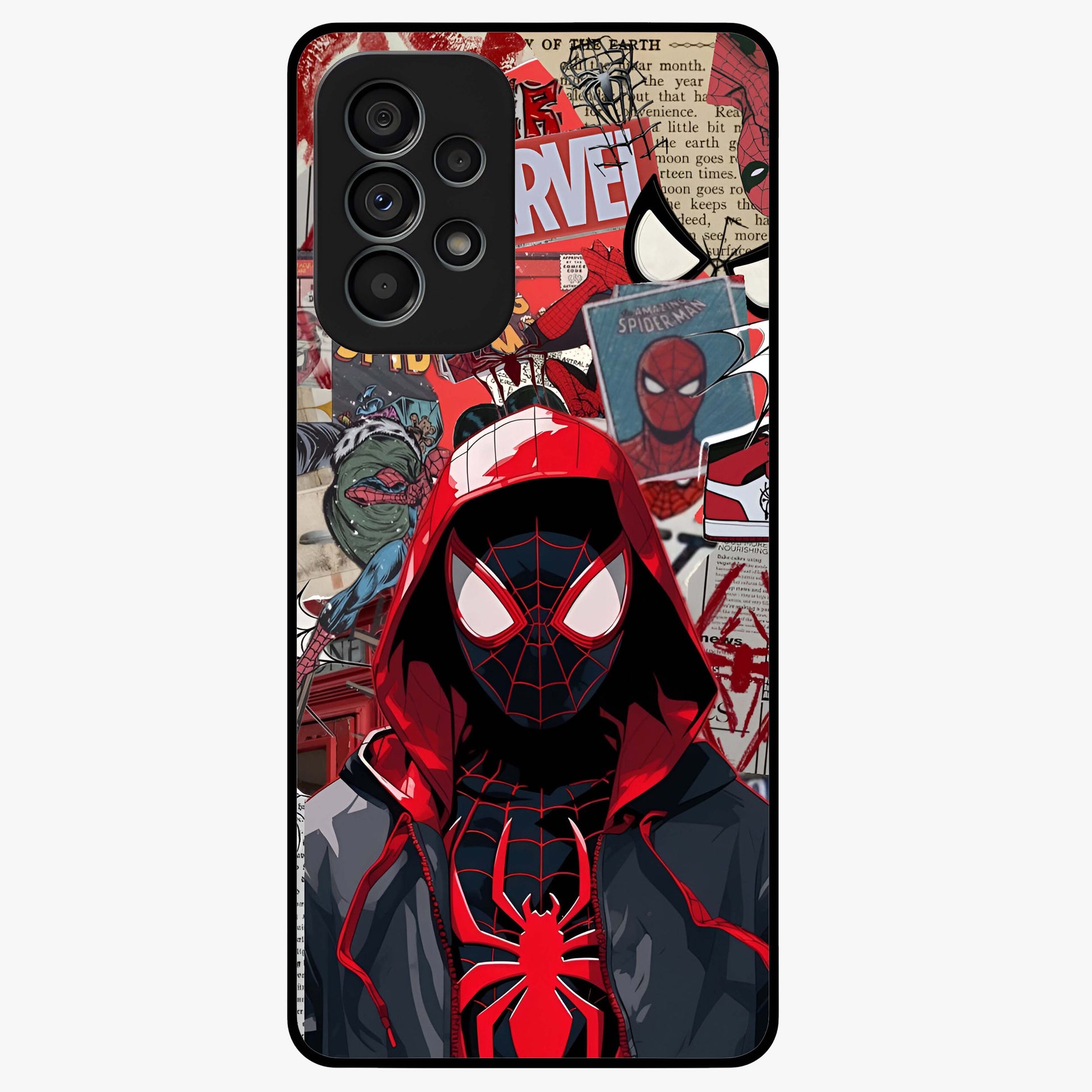 Spider Collage Street Glass Case showing flat back view with vibrant superhero collage artwork and glossy glass finish.