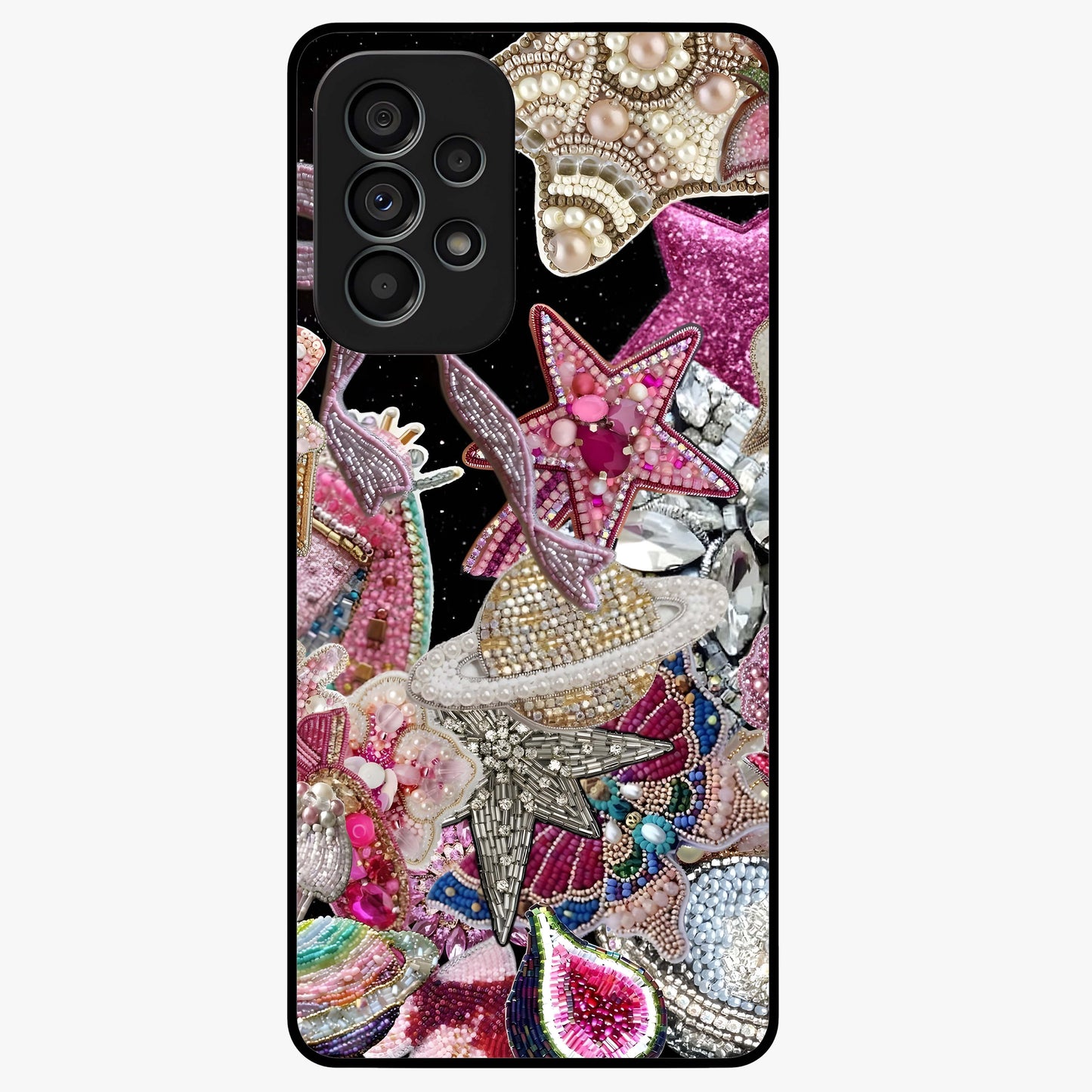 Starlit Jewel Dream Glass Case showing flat back view with sparkling jewel and star themed artwork and glossy glass finish.