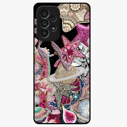 Starlit Jewel Dream Glass Case showing flat back view with sparkling jewel and star themed artwork and glossy glass finish.