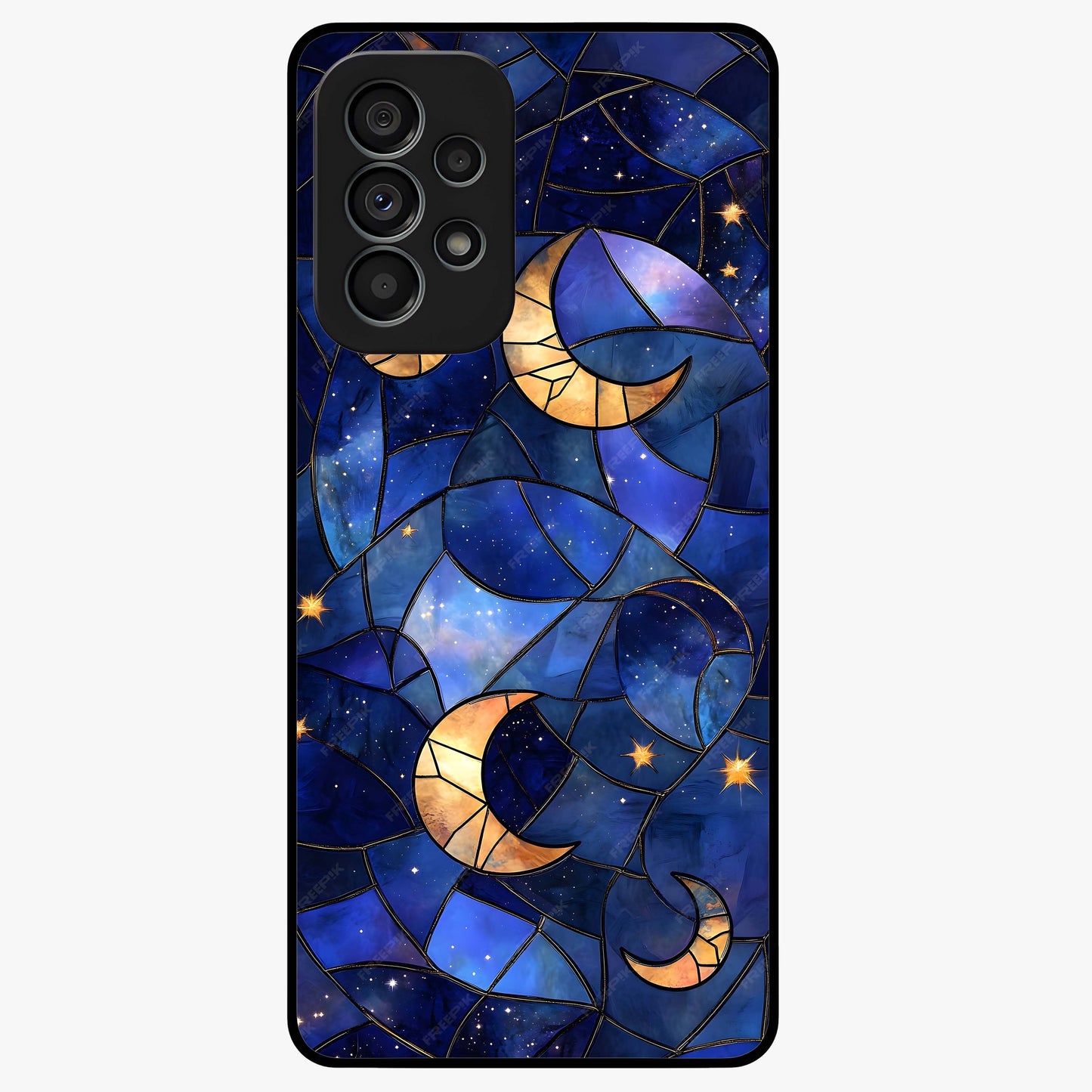 Starlit Sky Tapestry Glass Case showing flat back view with decorative starry sky tapestry artwork and glossy glass finish.