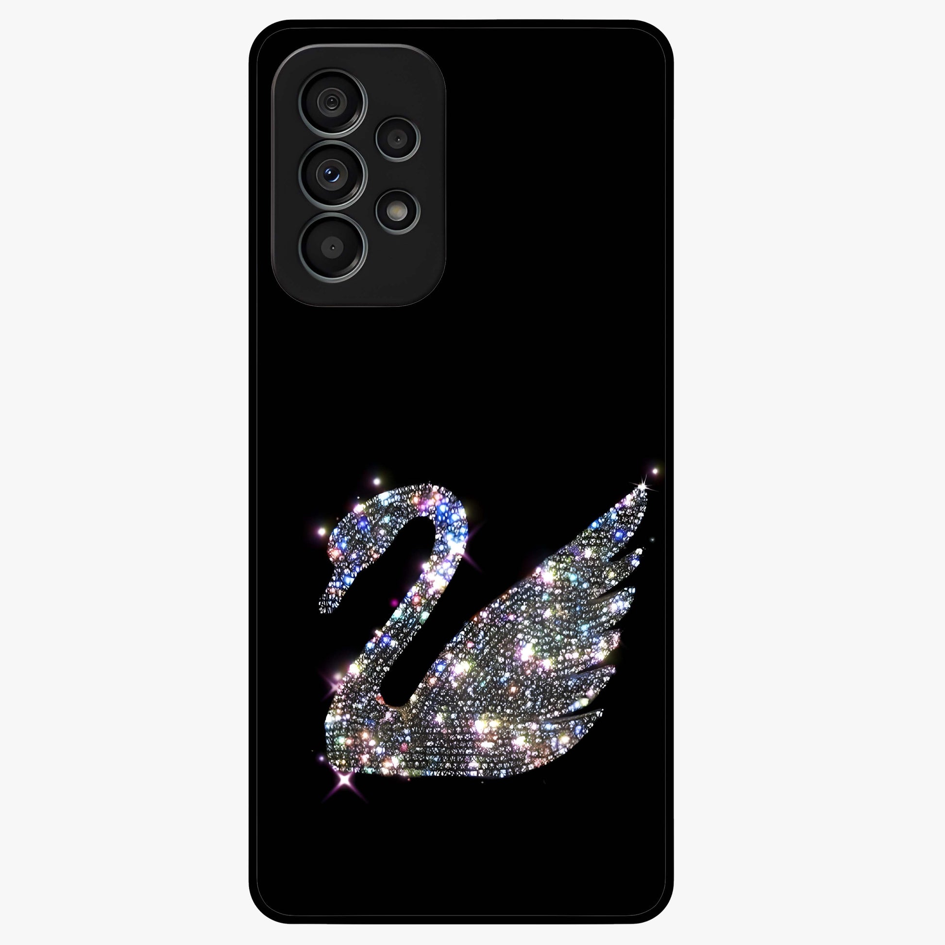 Starlit Swan Grace Glass Case showing flat back view with graceful swan artwork under starry sky and glossy glass finish.
