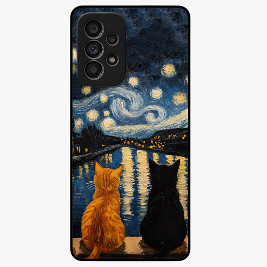 Starry River Cats Glass Case showing flat back view with cats by a starry river artwork and glossy glass finish.