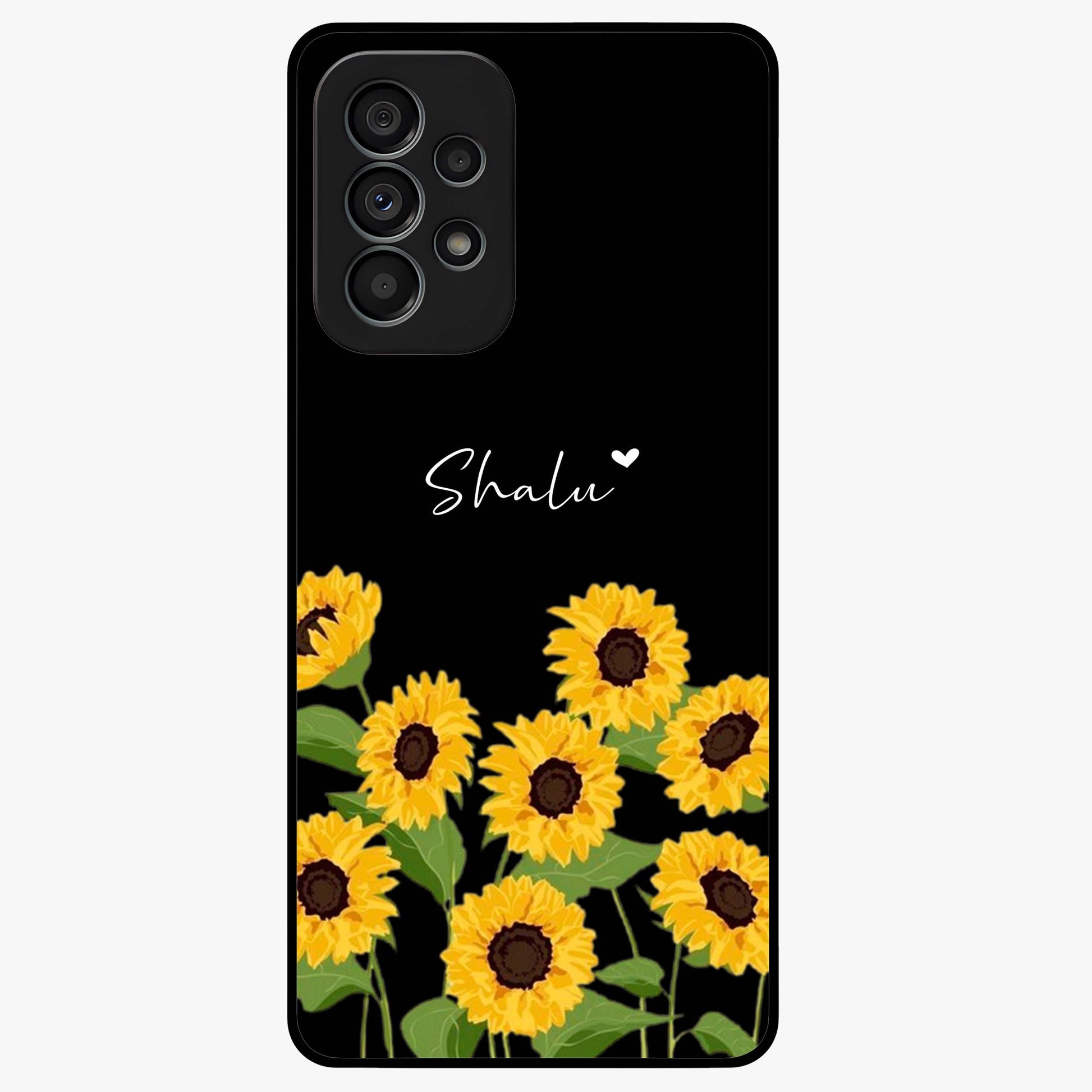 Sunflower Chic Mood Custom Name Glass Case showing flat back view with stylish sunflower artwork and personalized name design.