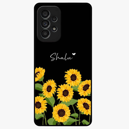 Sunflower Chic Mood Custom Name Glass Case showing flat back view with stylish sunflower artwork and personalized name design.
