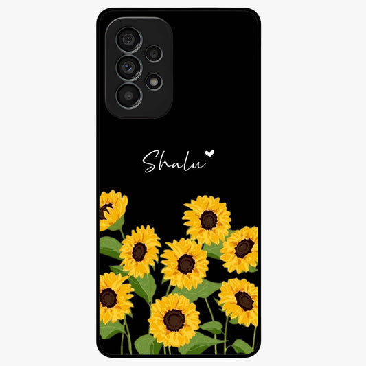 Sunflower Chic Mood Custom Name Glass Case showing flat back view with stylish sunflower artwork and personalized name design.