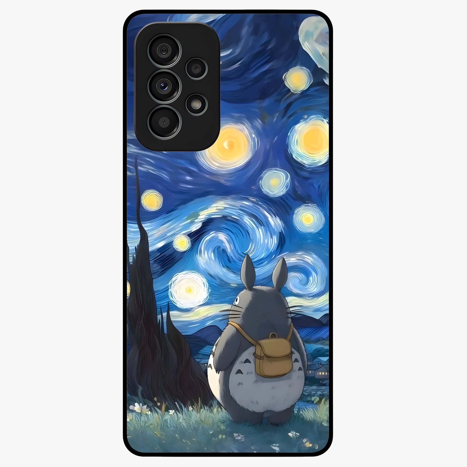 Totoro In Van Gogh Art Glass Case showing flat back view with whimsical character artwork inspired by Van Gogh style and glossy glass finish.