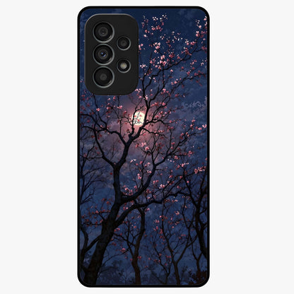 Twilight Sakura Serenade Glass Case showing flat back view with cherry blossom artwork at twilight and glossy glass finish.