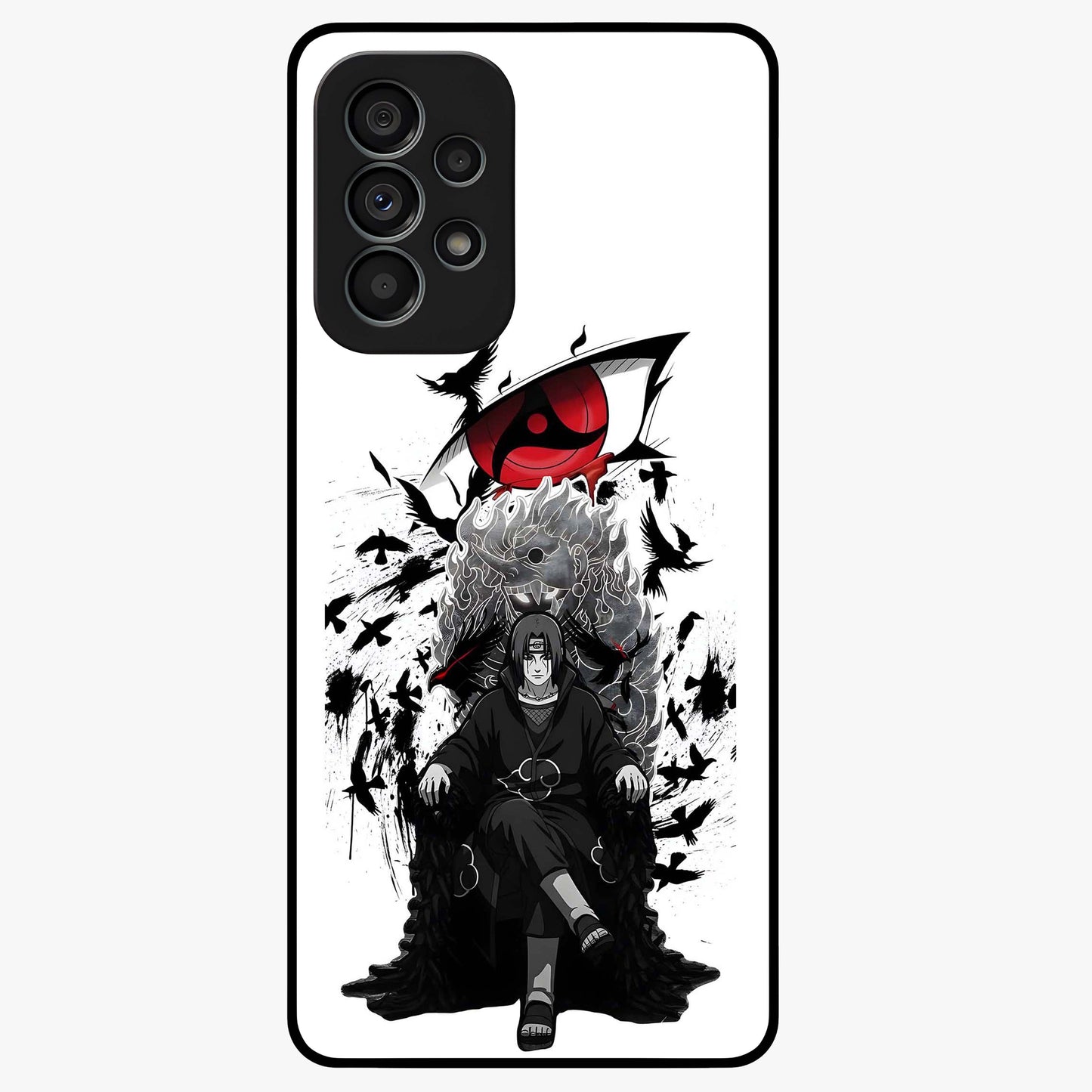 Uchiha Shadow Throne Glass Case showing flat back view with cosmic underwater themed artwork and glossy glass finish.