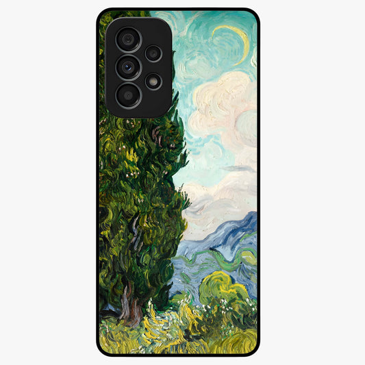 Van Gogh Vintage Art Glass Case showing flat back view with vintage painterly artwork inspired by Van Gogh style and glossy glass finish.