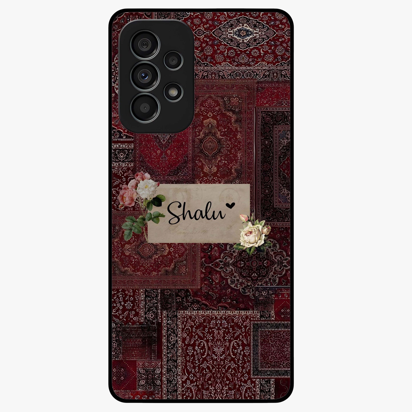 Velvet Wine Pattern Custom Name Glass Case showing flat back view with elegant wine colored pattern artwork and personalized name design.