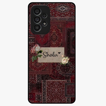 Velvet Wine Pattern Custom Name Glass Case showing flat back view with elegant wine colored pattern artwork and personalized name design.