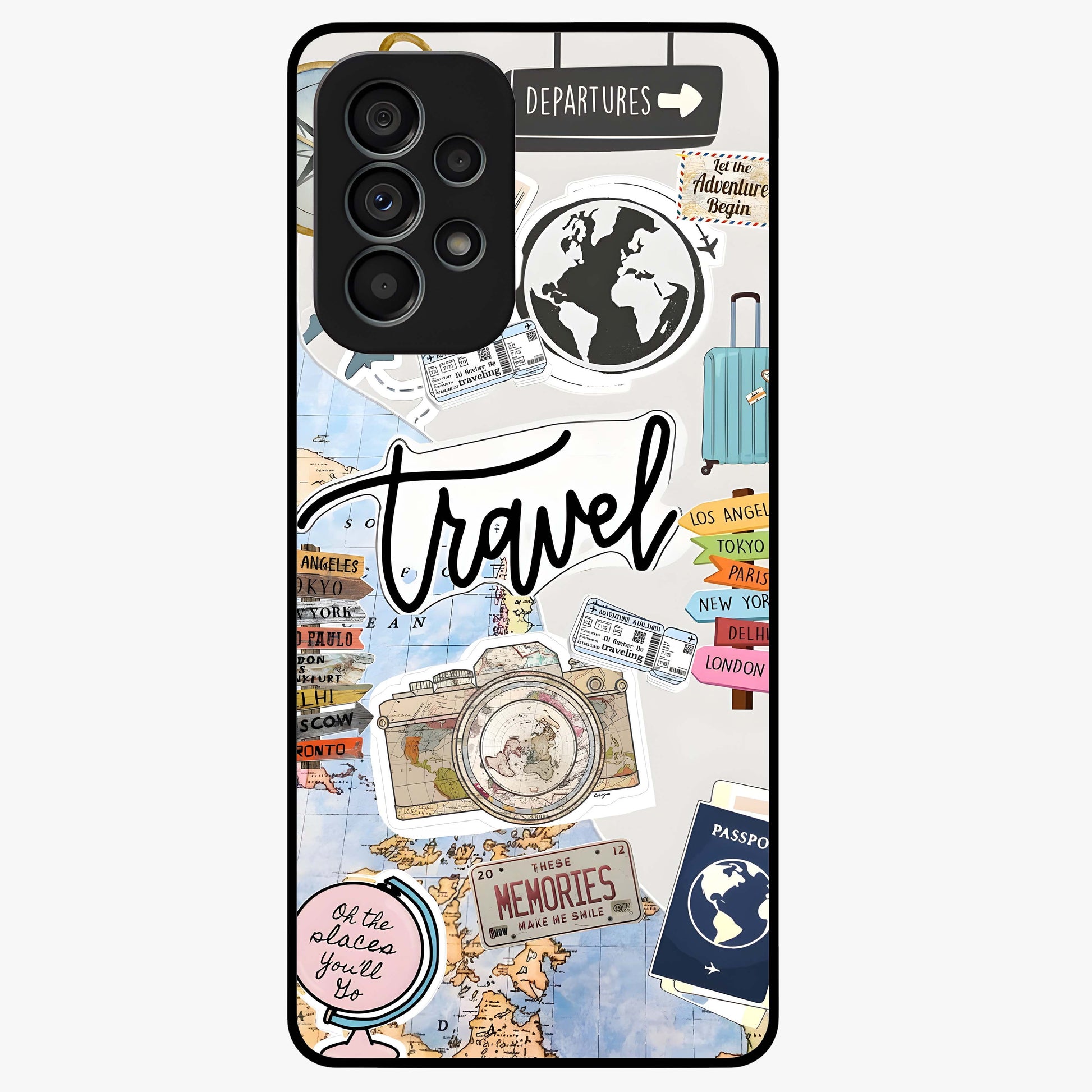 Wanderlust Journal Glass Case showing flat back view with travel inspired artwork and glossy glass finish.