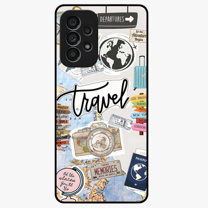 Wanderlust Journal Glass Case showing flat back view with travel inspired artwork and glossy glass finish.