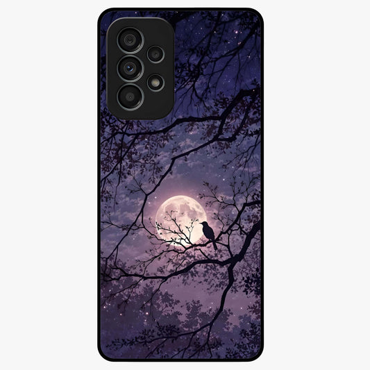 Whispering Moon Silence Glass Case showing flat back view with serene moon themed artwork and glossy glass finish.
