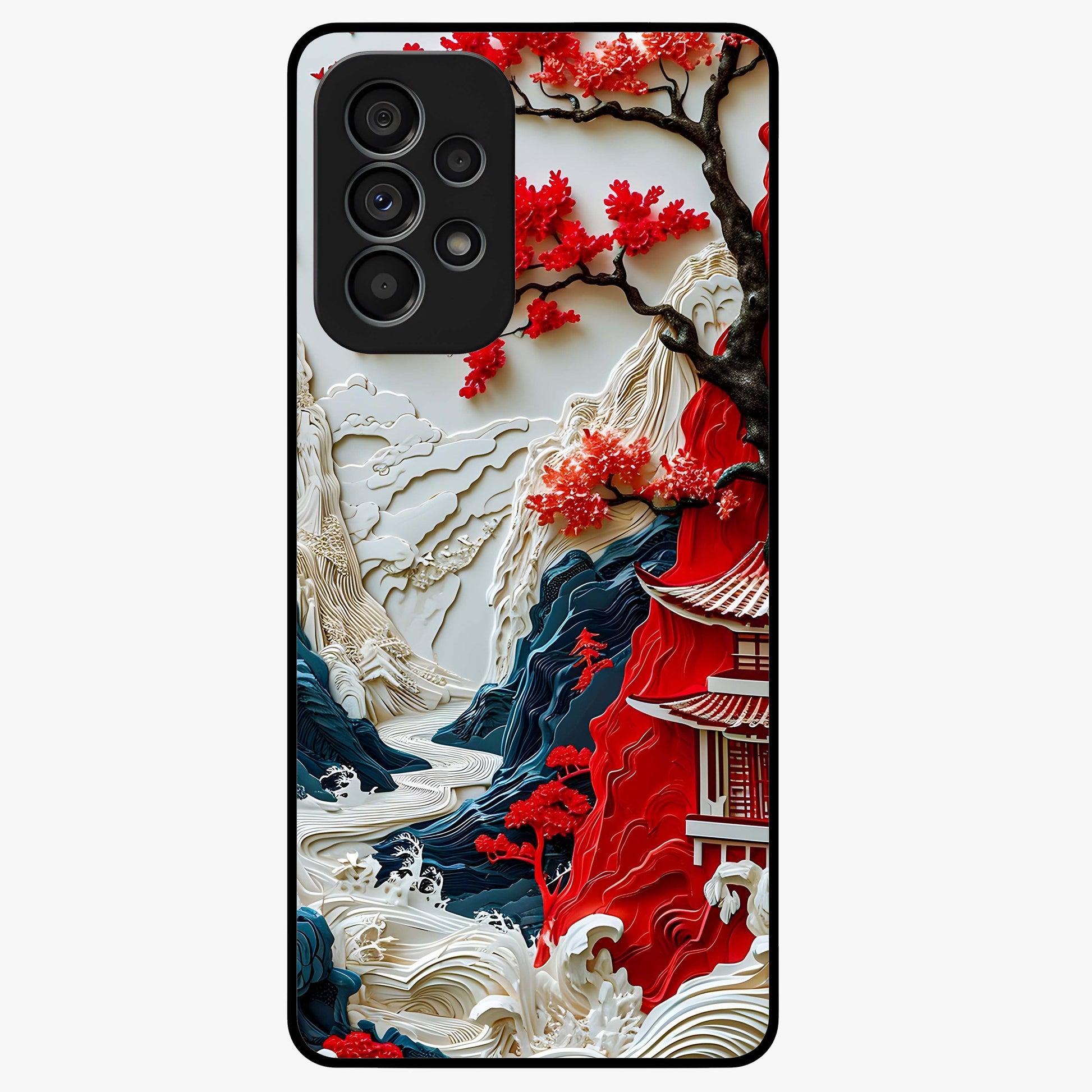 Whispers Of Sakura Waves Glass Case showing flat back view with cherry blossom wave artwork and glossy glass finish.