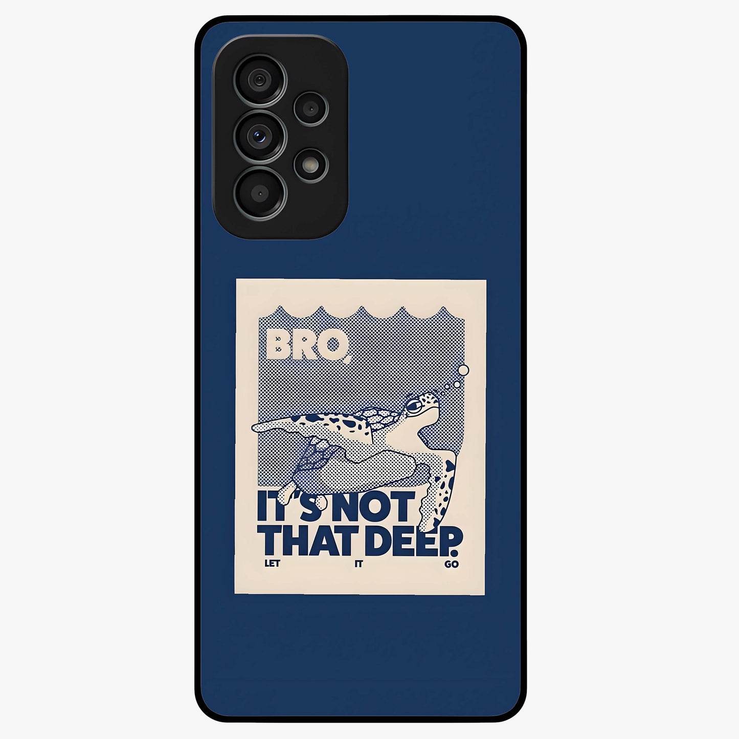 Worry Less Swim Glass Case showing flat back view with playful motivational artwork and glossy glass finish.
