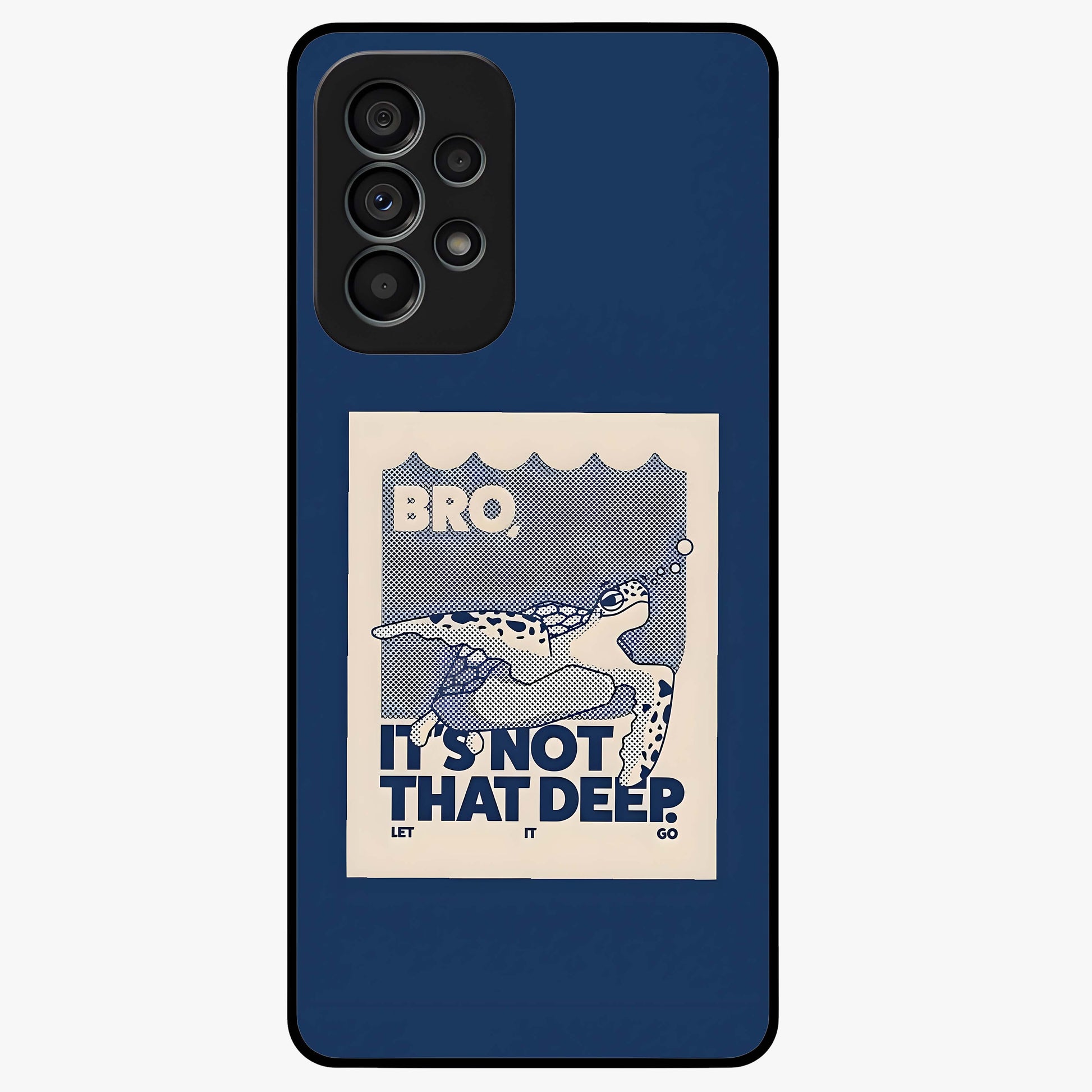 Worry Less Swim Glass Case showing flat back view with playful motivational artwork and glossy glass finish.
